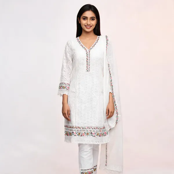 White_Chicankari_Cotton_Kurta_Set_For_Women