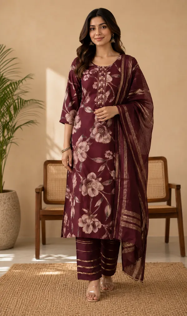 Maroon_Cotton_Silk_Kurta_Set_For_Women