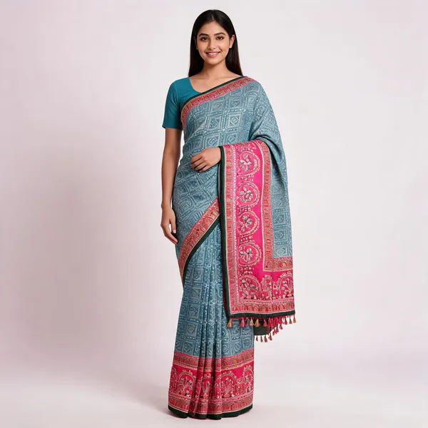 Teal_And_Pink_Vichitra_Silk_Saree_For_Women