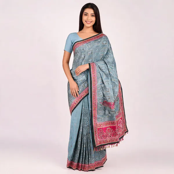 Teal_And_Pink_Vichitra_Silk_Saree_For_Women