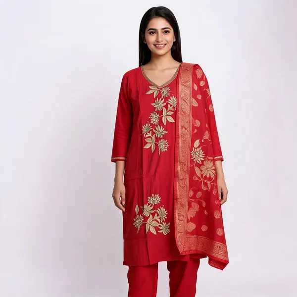 Red_Cotton_Silk_Kurta_Set_For_Women