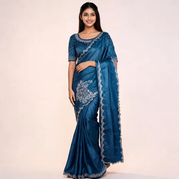Blue_Satin_Silk_Saree_With_Blouse_For_Women