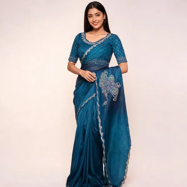 Blue_Satin_Silk_Saree_With_Blouse_For_Women