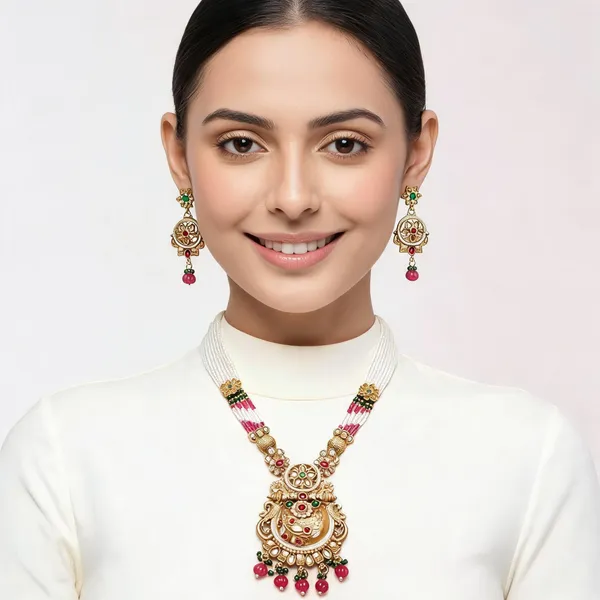 Gold_Alloy_Pearl_Beaded_Necklace_And_Earrings_Set_For_Women