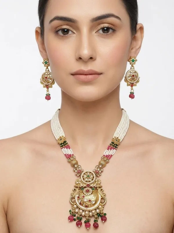 Gold_Alloy_Pearl_Beaded_Necklace_And_Earrings_Set_For_Women