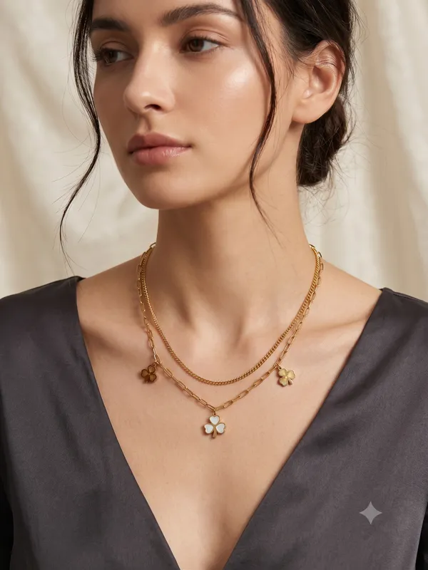Gold_And_White_Stainless_Steel_Layered_Floral_Pendant_Necklace_For_Women