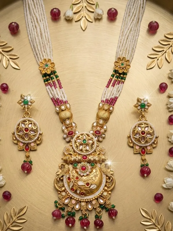 Gold_Alloy_Pearl_Beaded_Necklace_And_Earrings_Set_For_Women