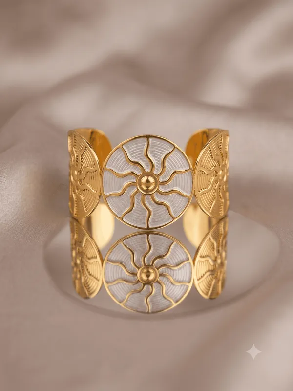 Gold_And_White_Stainless_Steel_Circular_Pendant_Cuff_Bangle_For_Women