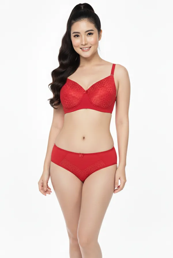 Red_Nylon_Non-Wired_Padded_Lingerie_Set_For_Women