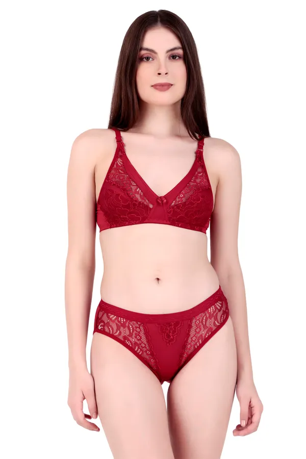 Red_Nylon_Non-Wired_Non-Padded_Lingerie_Set_For_Women