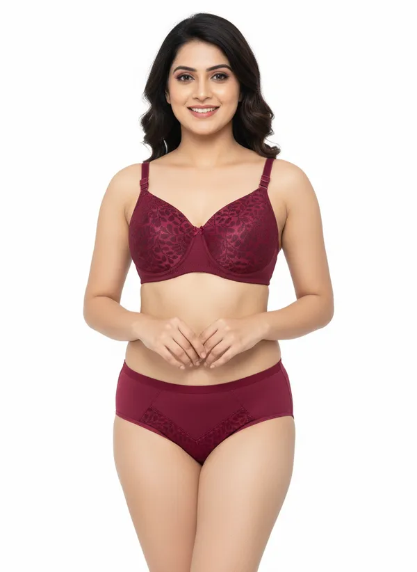 Maroon_Nylon_Non-Wired_Padded_Lingerie_Set_For_Women