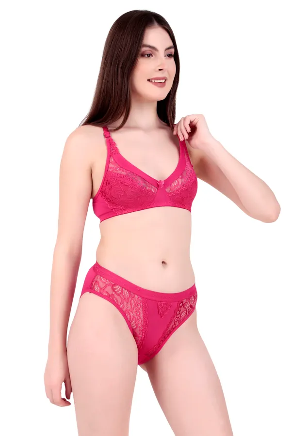 Pink_Nylon_Non-Wired_Non-Padded_Lingerie_Set_For_Women