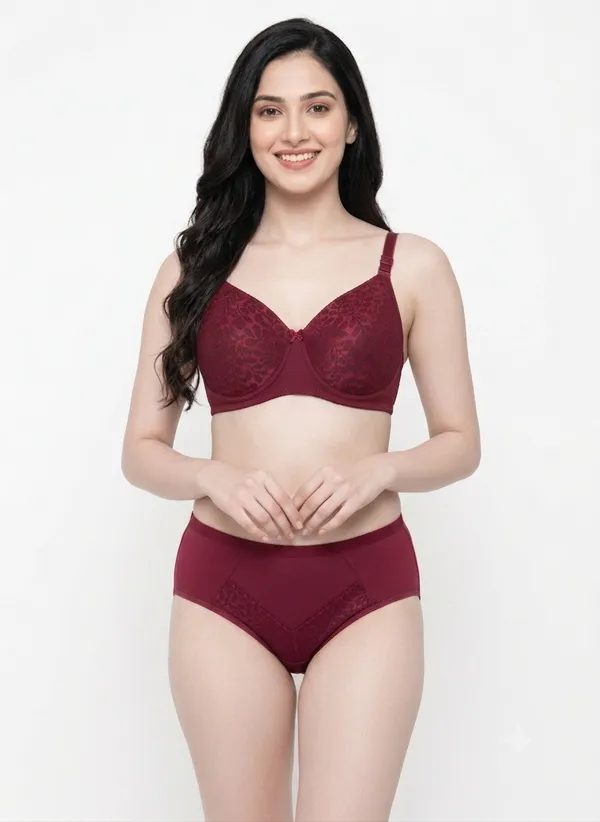Maroon_Nylon_Non-Wired_Padded_Lingerie_Set_For_Women