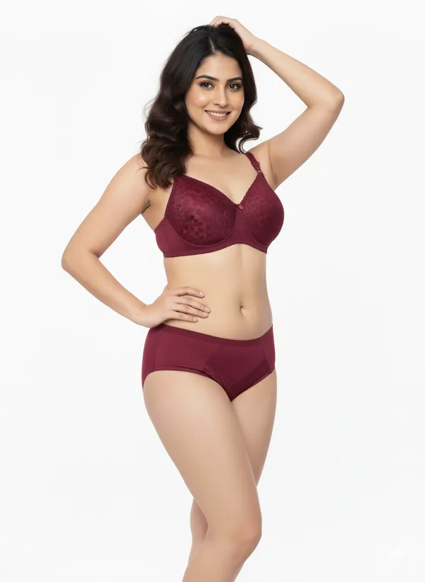 Maroon_Nylon_Non-Wired_Padded_Lingerie_Set_For_Women