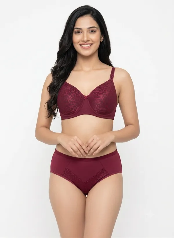 Maroon_Nylon_Non-Wired_Padded_Lingerie_Set_For_Women