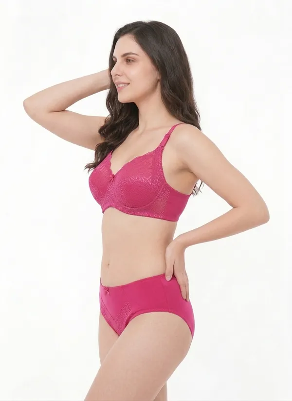 Pink_Nylon_Non-Wired_Padded_Lingerie_Set_For_Women