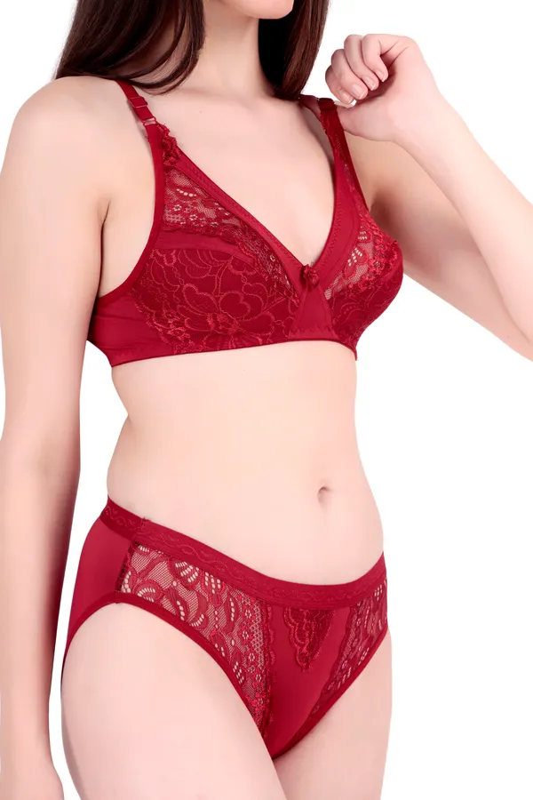 Red_Nylon_Non-Wired_Non-Padded_Lingerie_Set_For_Women