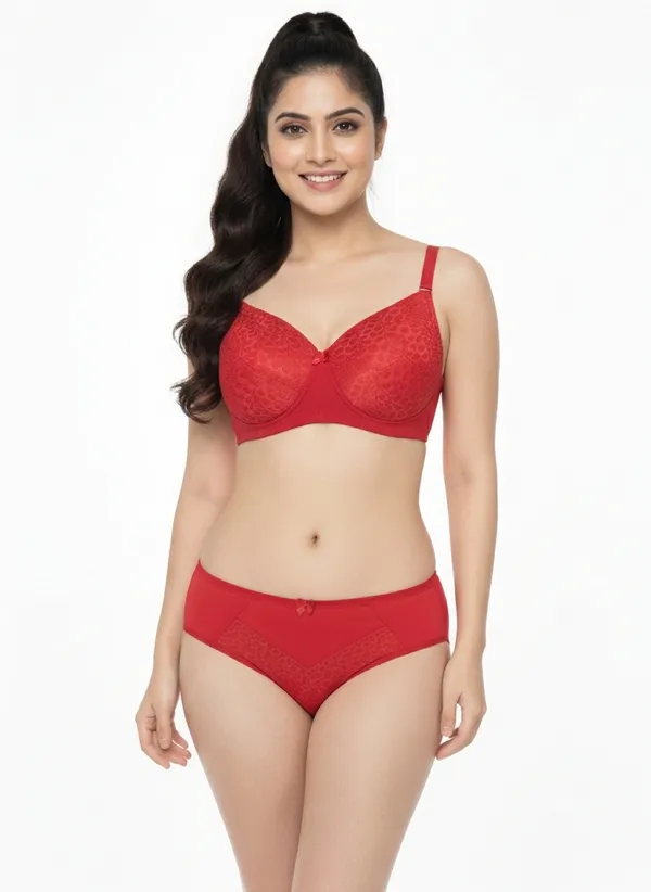 Red_Nylon_Non-Wired_Padded_Lingerie_Set_For_Women