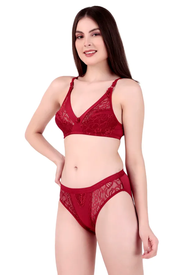 Red_Nylon_Non-Wired_Non-Padded_Lingerie_Set_For_Women