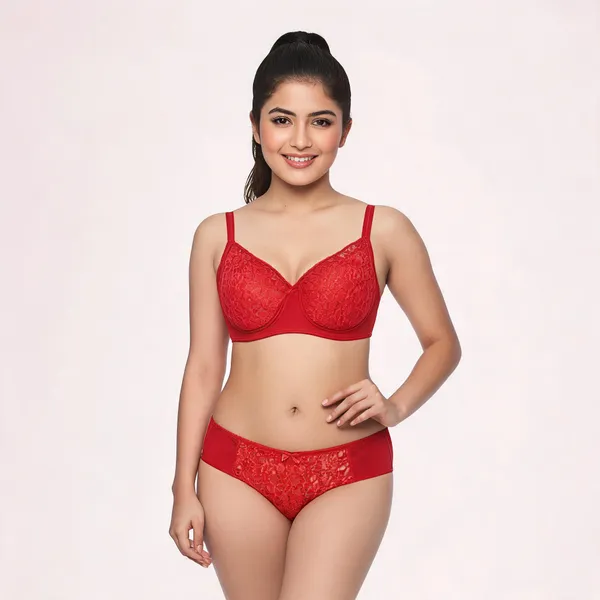 Red_Nylon_Non-Wired_Padded_Lingerie_Set_For_Women