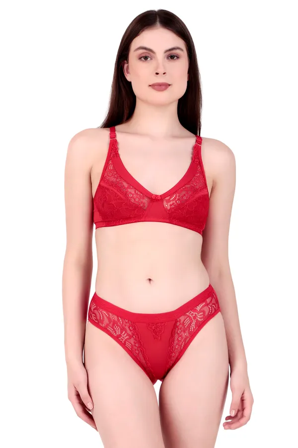Red_Nylon_Non-Wired_Non-Padded_Lingerie_Set_For_Women