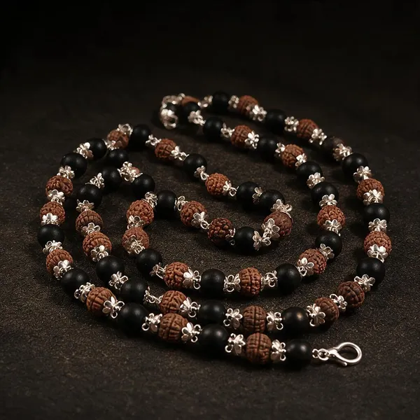 Karungali_Rudraksh_Silver_Cap_Mala_(8Mm)