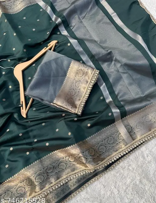 Soft_Silk_Mohmaya_Maharani_Bottle_Green_Saree_Booty_With_Moti_Lace_Attached