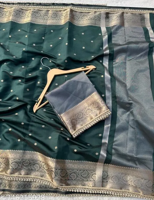Soft_Silk_Mohmaya_Maharani_Bottle_Green_Saree_Booty_With_Moti_Lace_Attached