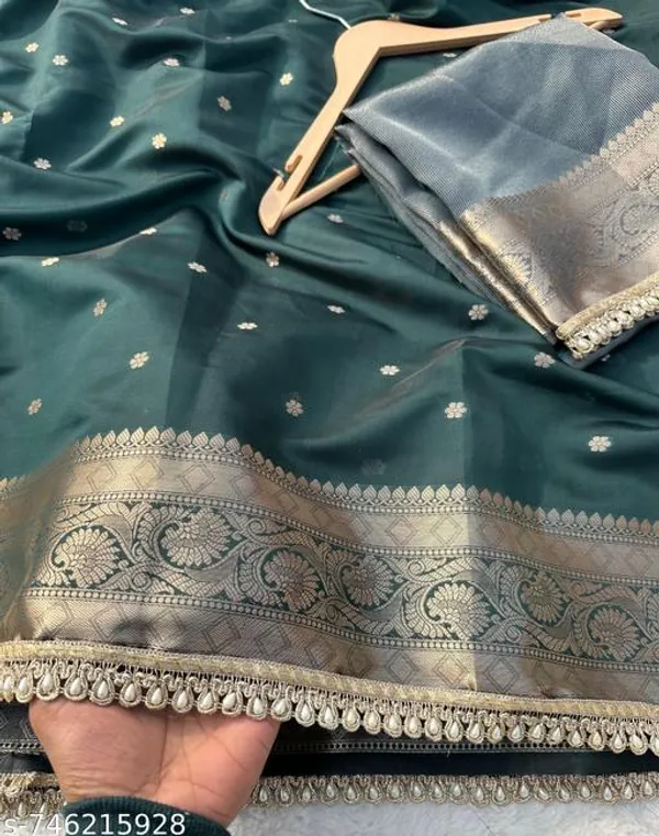 Soft_Silk_Mohmaya_Maharani_Bottle_Green_Saree_Booty_With_Moti_Lace_Attached