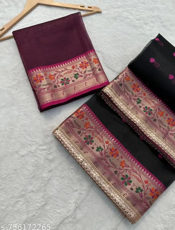 Tissue_Ruhaani_Meena_Border_With_Meena_Booty_In_Black_With_Single_Lace_Attached