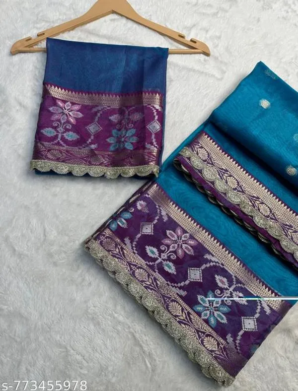 Tissue_Meena_Skirt_Border_Saree_Dyed_In_Firozi_Color_With_Wavy_Lace_Attached