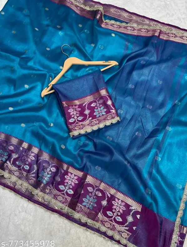 Tissue_Meena_Skirt_Border_Saree_Dyed_In_Firozi_Color_With_Wavy_Lace_Attached