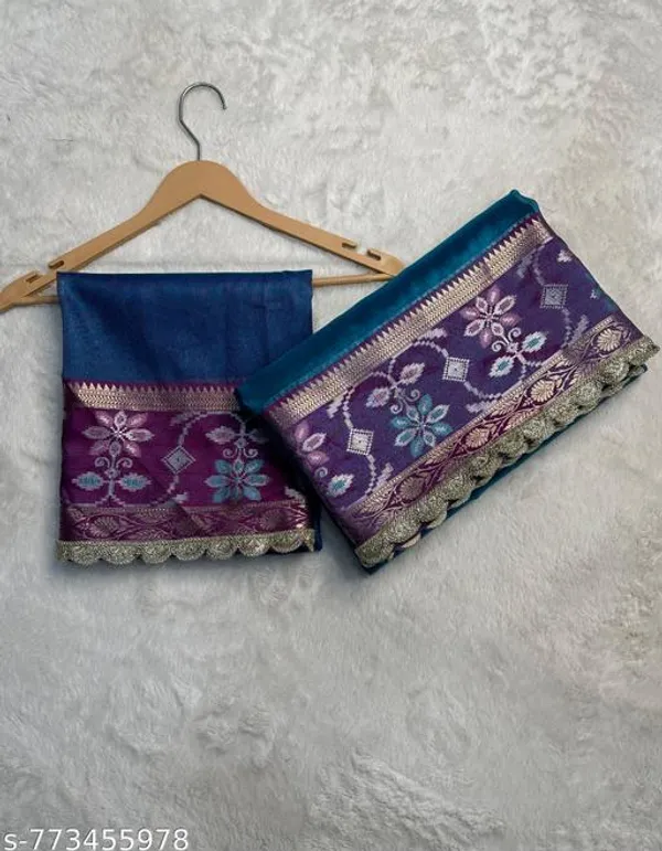 Tissue_Meena_Skirt_Border_Saree_Dyed_In_Firozi_Color_With_Wavy_Lace_Attached