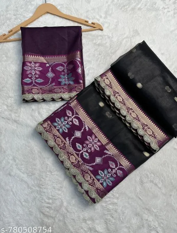 Tissue_Meena_Skirt_Border_Saree_Dyed_In_Black_Color_With_Wavy_Lace_Attached