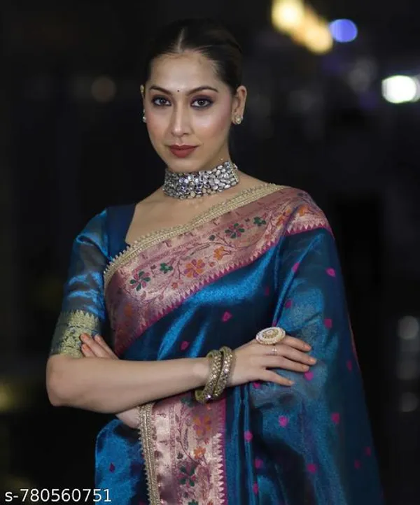 Ruhani_Tissue_Paithani_Saree_Floral_Meena_Border_With_Choch_Lace_Attached_Firozi