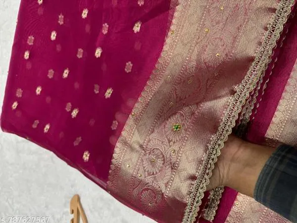 Tissue_Booty_Saree_With_Stone_Work_Overall_Body_With_Fine_Lace_Attached_In_Razeberry_Color