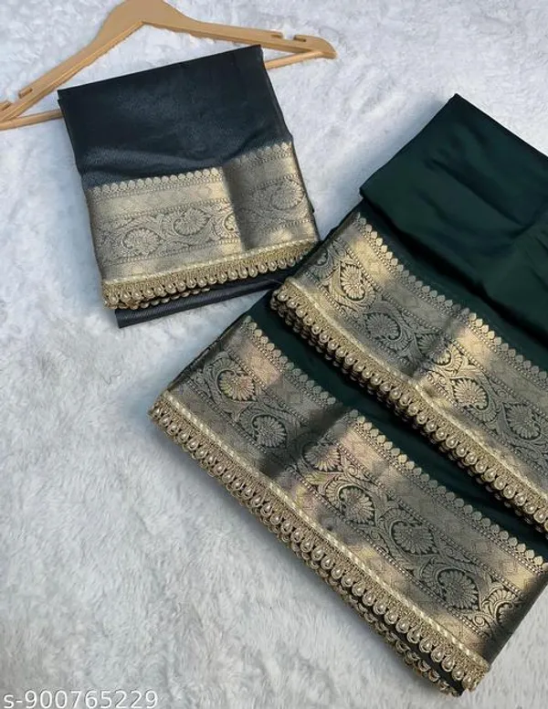 Soft_Silk_Border_Saree_With_Premium_Moti_Lace_Attached_In_Dark_Green