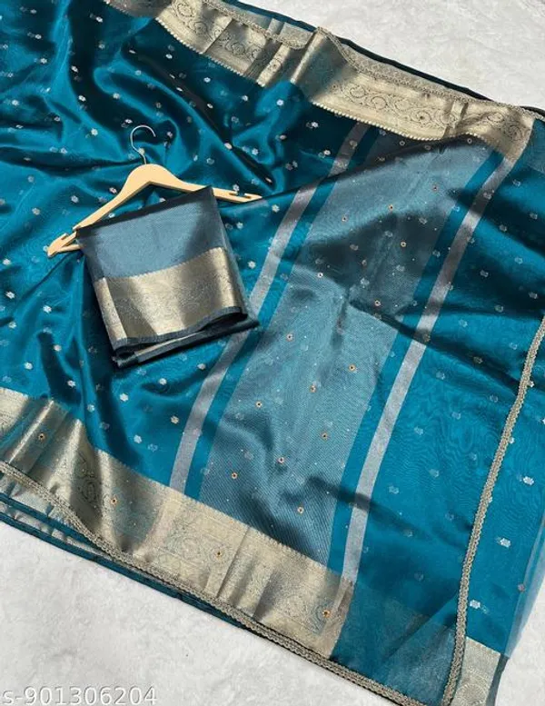 Tissue_Booty_Saree_With_Stone_Work_Overall_Body_With_Fine_Lace_Attached_In_Firozi_Color