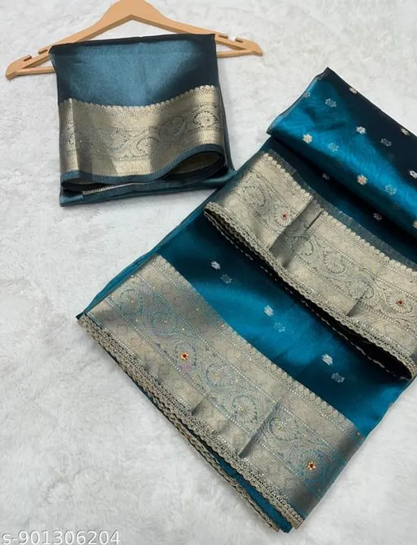 Tissue_Booty_Saree_With_Stone_Work_Overall_Body_With_Fine_Lace_Attached_In_Firozi_Color