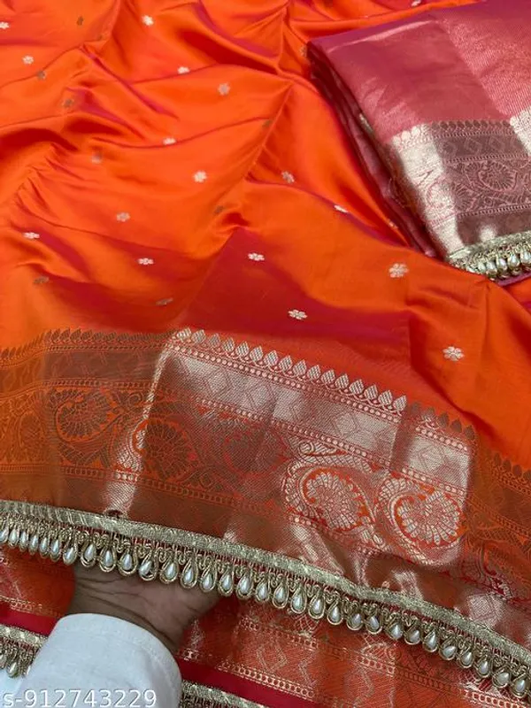 Soft_Silk_Mohmaya_Maharani_Orange_Saree_Booty_With_Moti_Lace_Attached