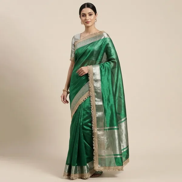 Exclusive_Collection_Maharani_Soft_Banarasi_Grass_Green_Color_Of_Tissue_Silk_Saree_With_Premium_Lace_Attached