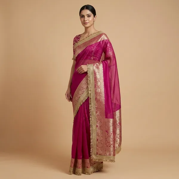 Tissue_Saundari_Vastra_Kaat_Baan_Saree_Mahrani_Collection_Razeberry_With_Double_Lace_Attached
