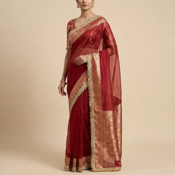 Tissue_Saundari_Vastra_Kaat_Baan_Saree_Mahrani_Collection_Carmine_Red_With_Double_Lace_Attached