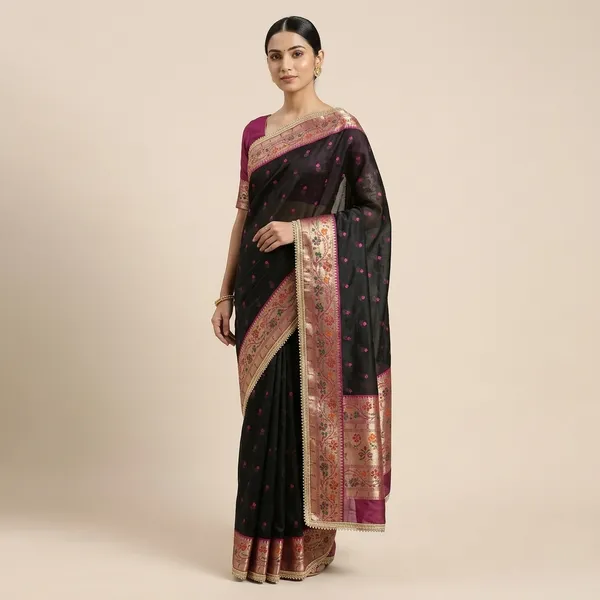 Ruhani_Tissue_Paithani_Saree_Floral_Meena_Border_With_Lace_Attached_Black