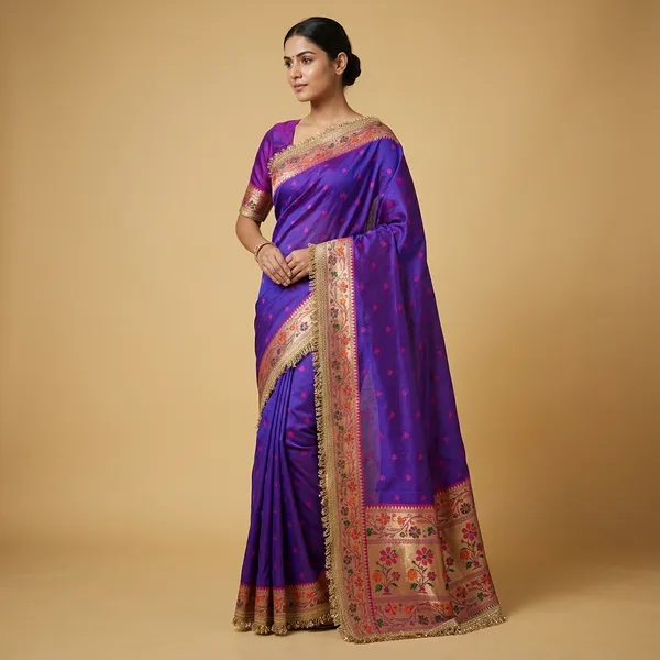 Ruhani_Tissue_Paithani_Saree_Floral_Meena_Border_With_Double_Lace_Attached_Royal_Blue