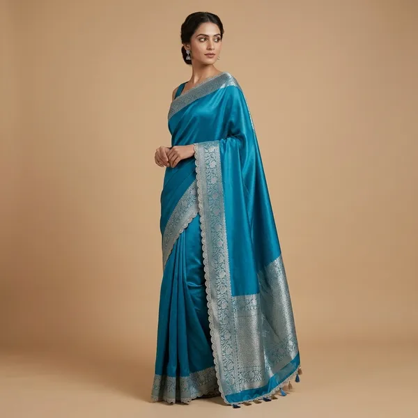 Tissue_Saundari_Vastra_Phool_Kaat_Baan_Saree_Mahrani_Collection_Firozi_With_Double_Lace_Attached