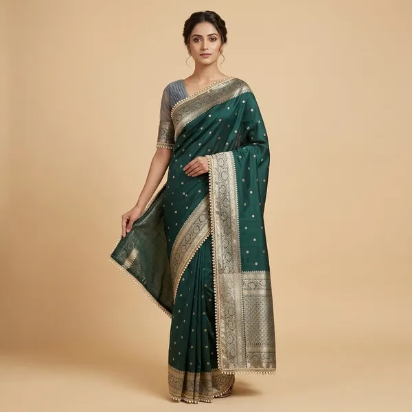 Soft_Silk_Mohmaya_Maharani_Bottle_Green_Saree_Booty_With_Moti_Lace_Attached