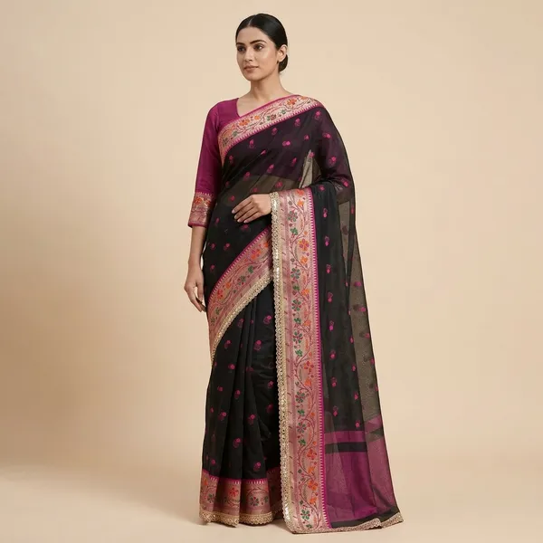 Tissue_Ruhaani_Meena_Border_With_Meena_Booty_In_Black_With_Single_Lace_Attached