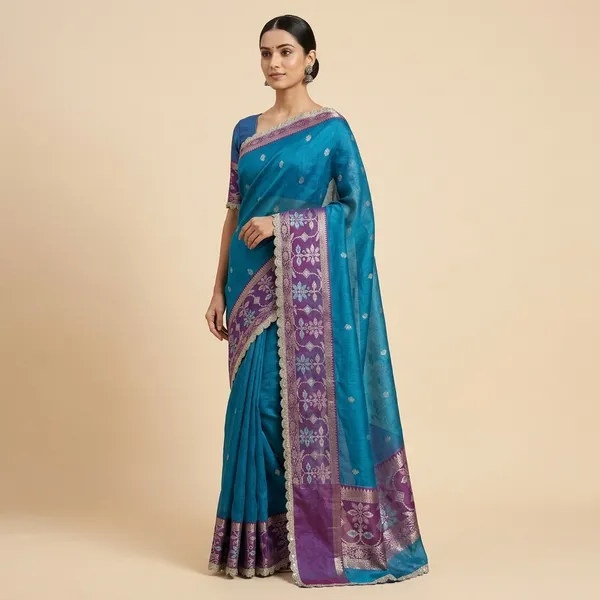 Tissue_Meena_Skirt_Border_Saree_Dyed_In_Firozi_Color_With_Wavy_Lace_Attached