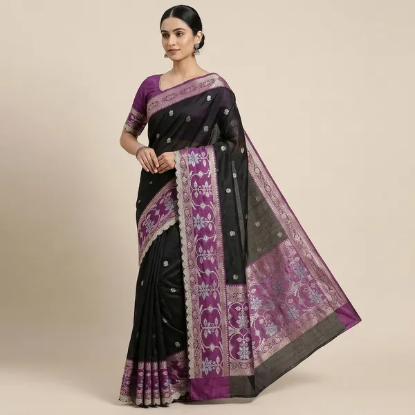 Tissue_Meena_Skirt_Border_Saree_Dyed_In_Black_Color_With_Wavy_Lace_Attached